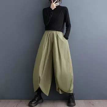 Винтажные повседневные свободные брюки с высокой талией больших размеров, весна-осень-лето, широкие брюки, женские шаровары, брюки зелёный