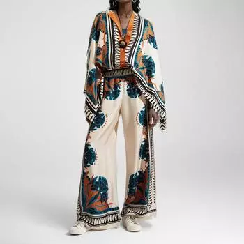 Винтажные принты брюки комплекты женские нестандартные свободные рубашки с длинным рукавом широкие брюки комплект из двух предметов женская мода тренд уличная одежда XXXL