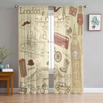 Винтажные прозрачные шторы с лондонскими рисунками для гостиной, прозрачный тюль, занавески для окон, спальни, кухни, домашний декор, вуаль, шторы 135W x 114H(cm)