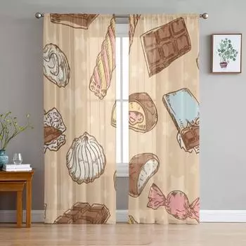 Винтажные прозрачные шторы со сладостями, конфетами, шоколадными батончиками и зефиром для гостиной, тюлевые занавески для окон, спальни, кухни, шторы 135W x 114H(cm)