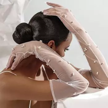 Винтажные прозрачные свадебные перчатки с жемчугом, длинные варежки до локтя, сетчатые нарукавники, женские вечерние аксессуары для свадебного платья, фото VPM07