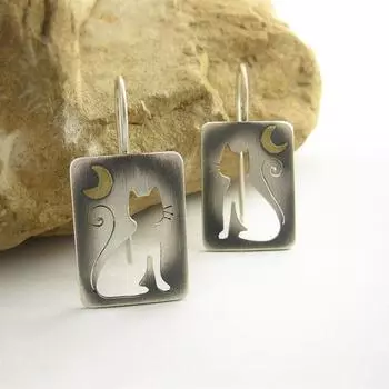 Винтажные прямоугольные металлические серьги с полыми кошками ручной работы, женские серьги в стиле бохо с простым узором луны, милые серьги с подвеской в виде кота 1 pair