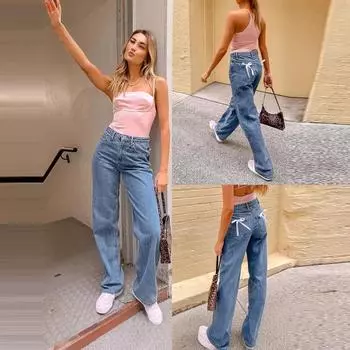 Винтажные прямые джинсы с бантом, женские повседневные свободные брюки с застежкой-молнией и высокой талией, весенние джинсовые брюки с карманами S синий