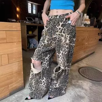 Винтажные прямые рваные джинсы скинни с высокой талией и леопардовым принтом S коричневый/чёрный