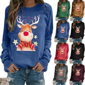 Винтажные пуловеры с принтом, женские рождественские повседневные свободные тонкие толстовки с капюшоном, женская толстовка с головой оленя 3d S чёрный