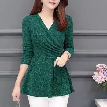 Винтажные пуловеры с жаккардовым цветочным плетением Женская одежда Элегантный V-образный вырез Весна Осень Повседневный Приталенный Модный топ с драпировкой L зелёный