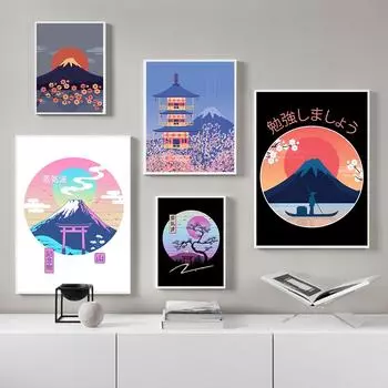 Винтажные японские картины на холсте в храме Токио, постер «Большая волна Канагавы», настенные картины с принтом горы Фудзи для украшения дома 21x30cm No Framed