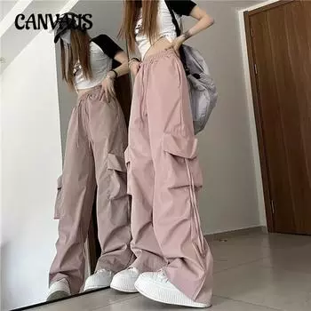 Винтажные рабочие брюки, женские брюки, летние прямые брюки с высокой талией, широкие брюки, свободные повседневные брюки со шлейфом