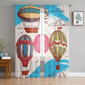 Винтажные разноцветные воздушные шары, летающие в небе, облака, птицы, шифоновые прозрачные шторы для гостиной, спальни, оконная вуаль, тюлевая занавеска 135W x 114H(cm)