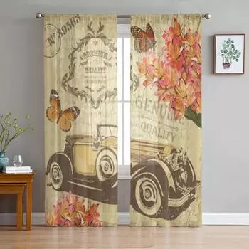 Винтажные ретро-автомобили, бабочки и цветы, прозрачные шторы для гостиной, тюль, занавеска для окна, спальня, кухня, вуаль, шторы 135W x 114H(cm)