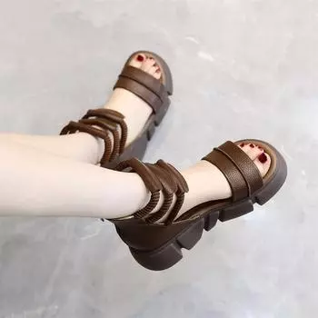 Винтажные римские сандалии из мягкой кожи с отверстиями, женские, лето 2024 года, с открытым носком, молнией сзади, легкие, с толстой подошвой, с сумкой и рыбьим ртом 35 коричневый