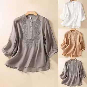 Винтажные рубашки для женщин, женские однотонные льняные большие свободные рубашки с круглым вырезом и вышивкой, с короткими рукавами, дышащие повседневные рубашки XXL белый