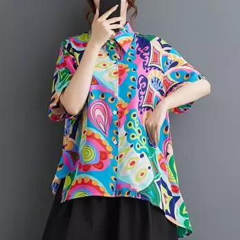 Винтажные рубашки и блузки больших размеров с короткими рукавами и блузками, повседневные свободные летние топы, женская рубашка на пуговицах синий