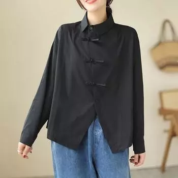 Винтажные рубашки и блузки больших размеров с длинными рукавами и блузками, повседневные свободные весенне-осенние топы, женская рубашка на пуговицах L чёрный
