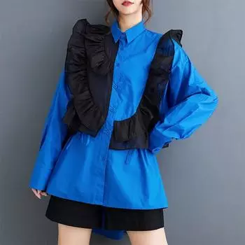 Винтажные рубашки и блузки больших размеров с длинными рукавами и блузками, повседневные свободные весенне-осенние топы, женская рубашка на пуговицах синий