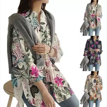 Винтажные рубашки на пуговицах с цветочным принтом, весенняя женская хлопковая льняная рубашка с длинными рукавами, женский топ с лацканами большого размера XXXXXL темно-синий