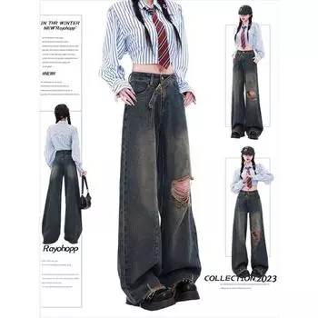 Винтажные рваные джинсы для женщин, модные свободные джинсы 2023 года с высокой талией, уличная одежда в стиле Харадзюку, прямые длинные широкие джинсы во всю длину S синий
