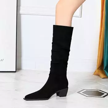 Винтажные рыцарские сапоги, зимние модные женские сапоги, средний каблук, толстый каблук, замшевые, с заостренным носком, с морщинами, высокие сапоги 34