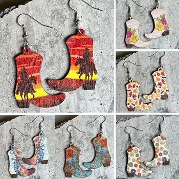 Винтажные сапоги в виде шляпы с сердечком, деревянные серьги, ковбойские сапоги в стиле вестерн, украшения для ушей для женщин и девочек, декор для вечеринки синий