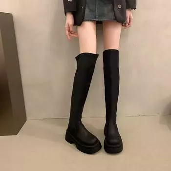 Винтажные сапоги выше колена на толстой подошве с застежкой-молнией сзади, женские осенние сапоги 2024 года с круглым носком и толстым каблуком-буфом 35 темно-коричневого