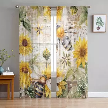 Винтажные сельские древесные растения, подсолнухи, пчелы, оконные тюлевые шторы для гостиной, отеля, роскошные украшения, прозрачные шторы 135W x 114H(cm)