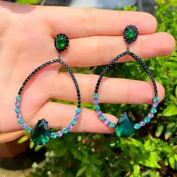 Винтажные серьги CMM черного цвета с кубическим цирконием, большие полые серьги с каплями воды чёрный/зелёный