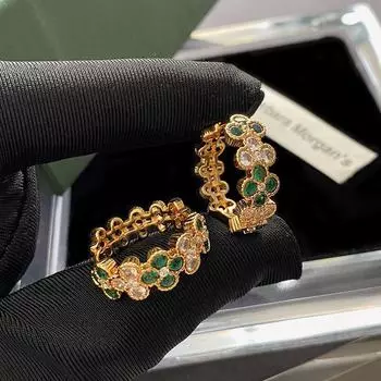 Винтажные серьги-цветы с зеленым цирконием: Гальваническое золото, женская мода высокого класса RF289 золотой