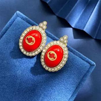 Винтажные серьги-гвоздики Court, роскошный темперамент, полная бриллиантовая оправа, красные драгоценные камни, серьги с двойной буквой G.