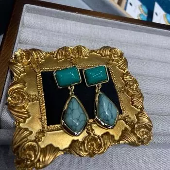 Винтажные серьги из натурального камня с трещинами, синие бирюзовые серьги, геометрические серьги, позолоченные медью, старые универсальные серьги-гвоздики в стиле «темперамент»