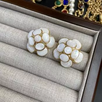 Винтажные серьги из натурального рябчика с камелией, ожерелье из жемчуга и цветка, модное кольцо, комплект ювелирных изделий