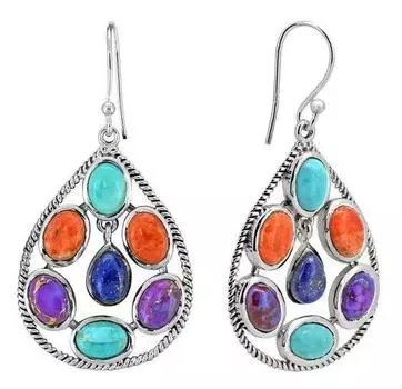 Винтажные серьги-капли серебряного цвета в стиле бохо, великолепный металлический набор, 7 цветов, эффектные серьги-капли из лазурита, вечерние ювелирные изделия 1 Pair