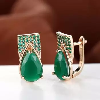 Винтажные серьги-клипсы с зелеными каплями воды и камнями для женщин, очаровательные роскошные серьги-кольца золотого цвета, свадебные украшения зелёный/золотой