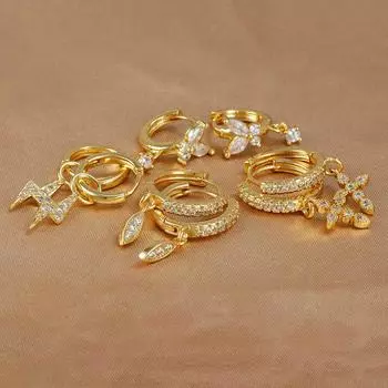 Винтажные серьги-кольца с цирконием и молнией для женщин, серьги-кольца из нержавеющей стали с бабочкой, украшения для пирсинга