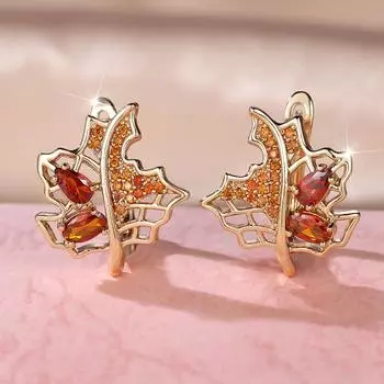 Винтажные серьги-кольца с красным цирконием и кленовым листом для женщин, роскошные золотые подарки на свадьбу красный/золотой
