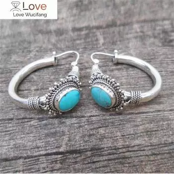Винтажные серьги-кольца в стиле бохо с имитацией бирюзы для женщин, вечерние серьги-кольца в стиле ретро, новые трендовые украшения для ушей, аксессуары