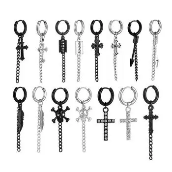 Винтажные серьги-кольца в виде листьев для женщин и мужчин, ювелирные аксессуары в стиле панк, черные серьги-кольца из нержавеющей стали с перьями и крестами Brincos серебряный