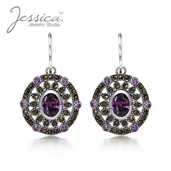 Винтажные серьги-крючки из настоящего серебра 925 пробы с аметистом и натуральным марказитом