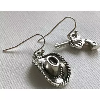 Винтажные серьги-револьверы из серебра в ковбойской шляпе из сплава серебряный