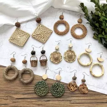 Винтажные серьги ручной работы из лесного плетения, серьги-гвоздики в богемном стиле для отпуска, женские серьги в этническом стиле