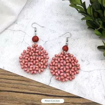 Винтажные серьги ручной работы из плетеного ротанга и травы для лета 30-Pink Snowflake Wood