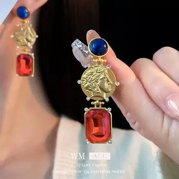 Винтажные серьги с бриллиантовой инкрустацией, круглые рельефные фигуры, металлические серьги, французские винтажные серьги 1#