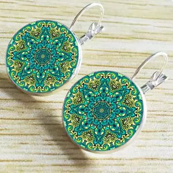 Винтажные серьги с цветком лотоса и мандалой, стеклянные серьги с кабошоном, женские ювелирные изделия # 04 серебряный