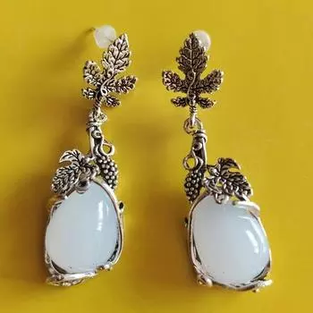 Винтажные серьги с опалом серебряного цвета, серьги с виноградными листьями и растениями, серьги с лунным камнем для женщин, помолвка, юбилей, вечерние украшения, подарок 1 Pair