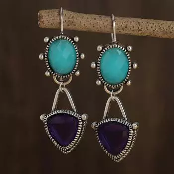 Винтажные серьги с синим и фиолетовым камнем в этническом стиле, из металла медного цвета, оригинальные серьги-подвески для женщин