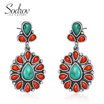 Винтажные серьги SODROV с преувеличенным ониксом и бирюзой, смешанными камнями