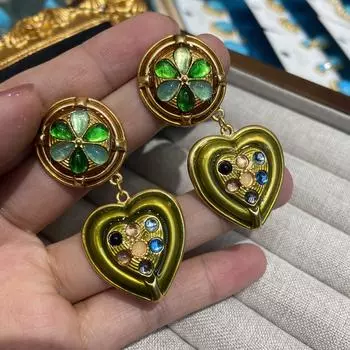 Винтажные серьги в стиле суда с эмалью, капающей с масла, зеленые глазурованные серьги с надписью «Любовь», серьги с медным позолотой, сохраняющие цвет, круглые серьги