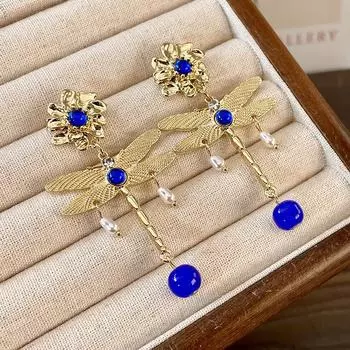 Винтажные серьги в виде стрекозы, синие серьги-кисточки в форме капель воды синий