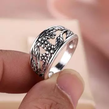 Винтажные серебряные кольца для женщин, полое кольцо в форме цветка, модные ювелирные изделия, подарок 7 чёрный