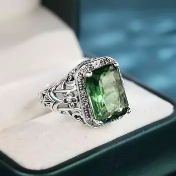 Винтажные серебряные квадратные светло-зеленые кольца с цирконием для женщин и мужчин, роскошные ювелирные изделия в подарок на годовщину 6 серебряный/зелёный