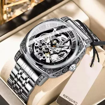 Винтажные серебряные механические спортивные часы с безелем, модные мужские часы, лучший бренд, роскошные мужские часы, автоматические скелетонированные часы
